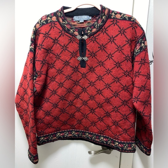 Icelandic‎ Design Nordic Women’s 100% Wool Sweater Embroidered Size Large Red - Picture 1 of 10